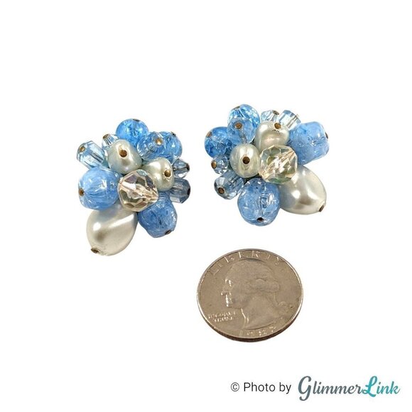 VTG 50's W Germany Blue & Gray Lucite Faux Pearl Beaded Cluster Clip On Earrings - Picture 4 of 7